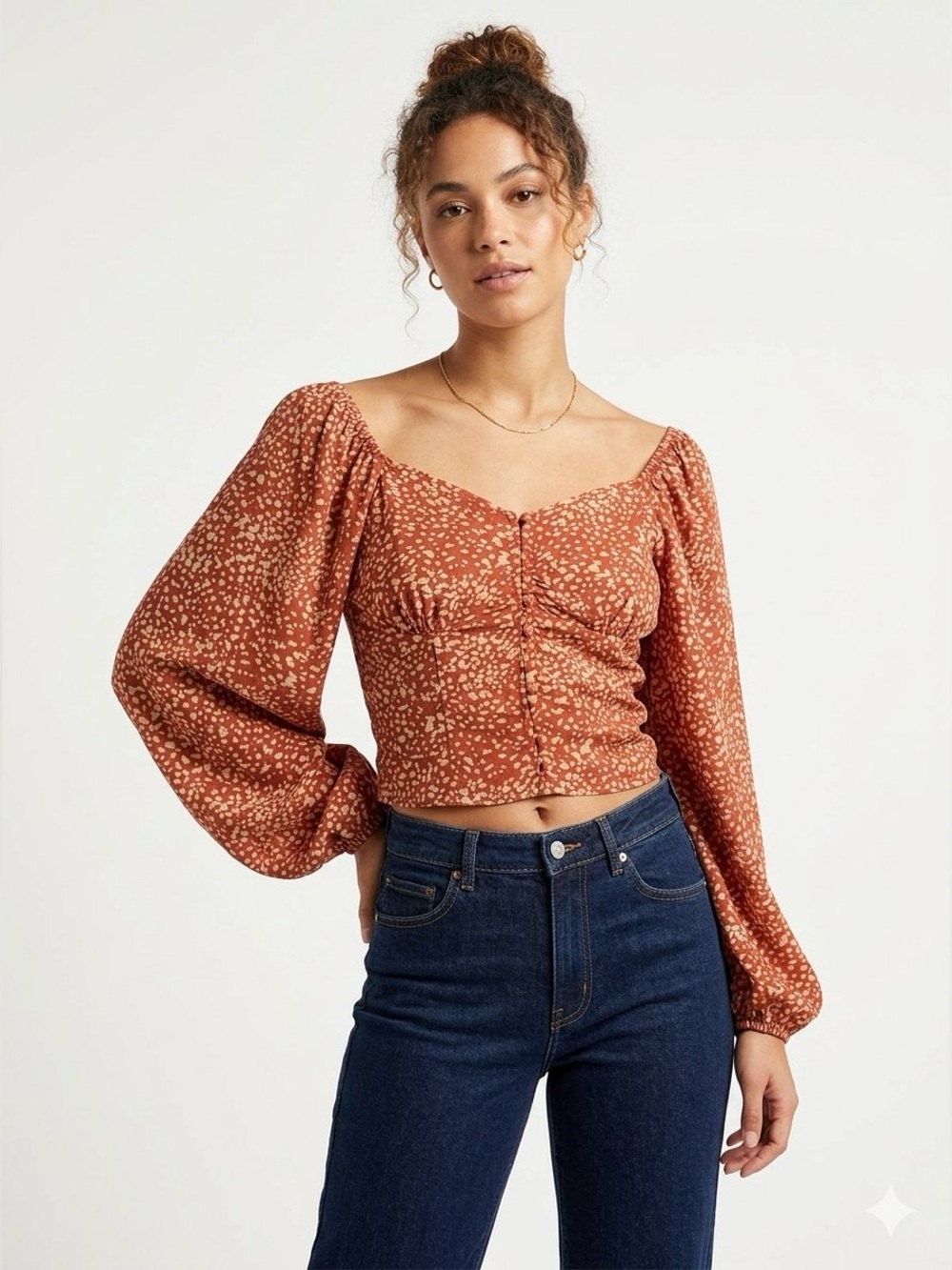 Sienna Sky Lightweight Rust Printed Puff-Sleeve Crop Top Size M